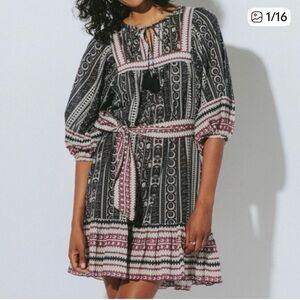 Cleobella Magdalena Puff Sleeves Black and Cream Mini Dress Small